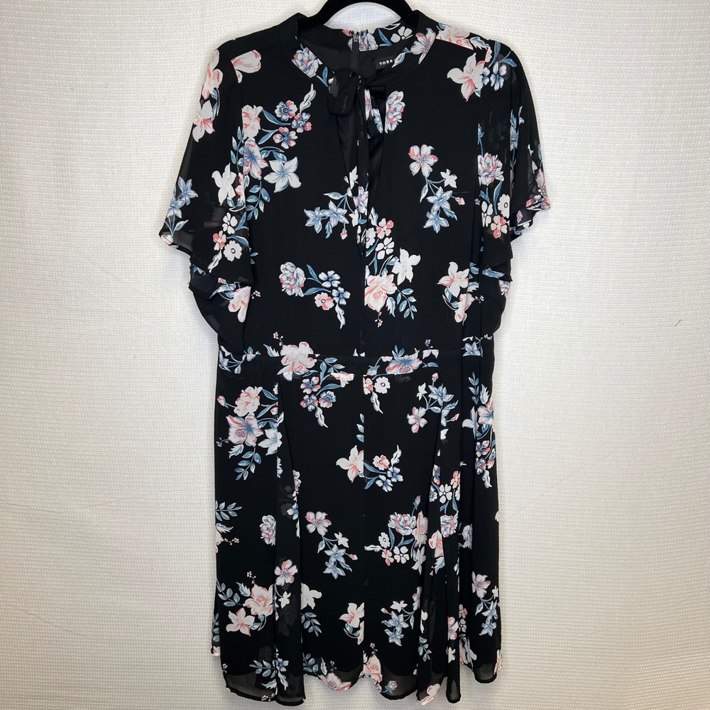 Torrid Black Floral Chiffon Tie Neck Flutter Sleeve Mini Dress Plus Size 18